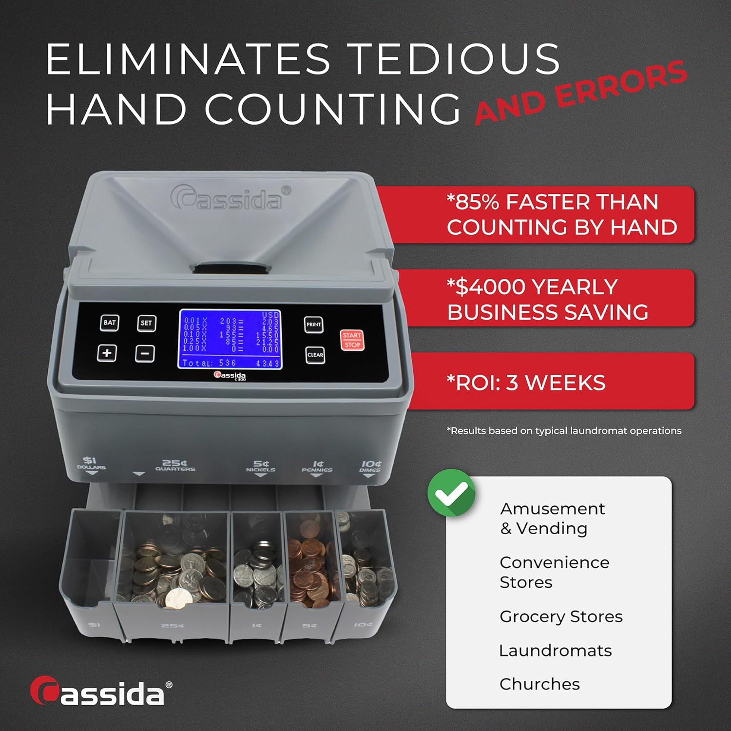 Cassida C300 Coin Counter/Sorter with a 300 Coins Per Minute Speed | Printing Compatible | Quickload Technology
