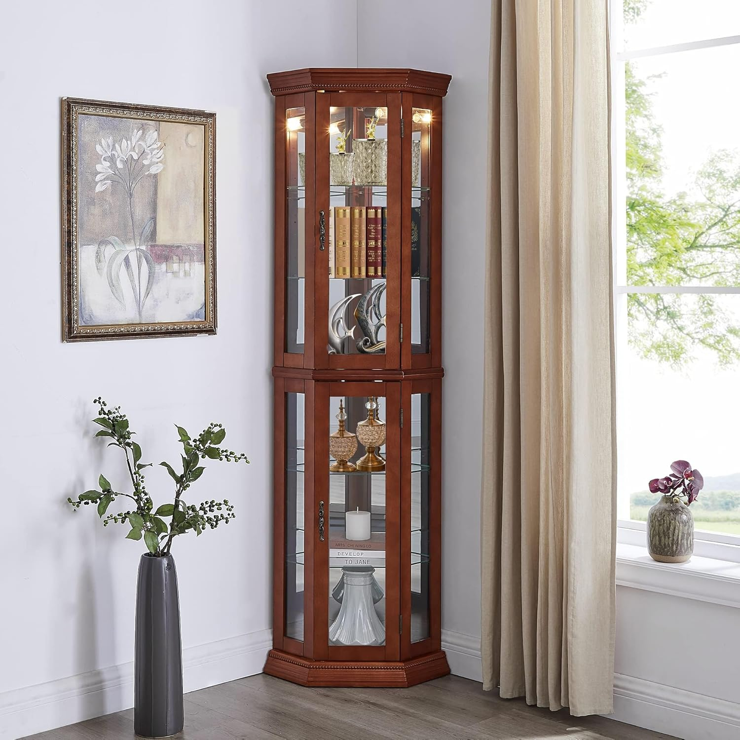 Walnut Lighted Corner Curio Cabinet with Glass Shelves