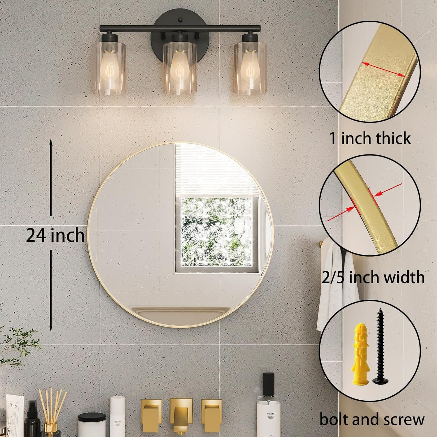 Gold 24 Inch Round Mirror - Bathroom & Wall Decor for Living Room, Entry Way, Bedroom - Metal Framed