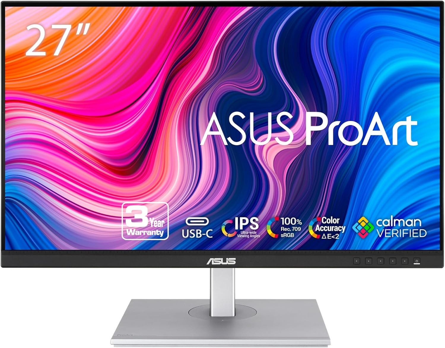 ASUS ProArt PA278CV Professional Monitor – 27", IPS, QHD (2560 x 1440), 100% sRGB, 100% Rec. 709, Color Accuracy ΔE < 2, Calman Verified, USB-C, DisplayPort Daisy-chaining, ProArt Preset,  Ergo Stand