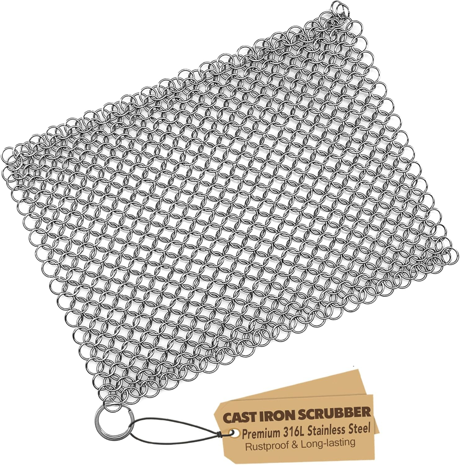 Cast Iron Scrubber 316 Stainless Steel Skillet Cleaner 8"x6" Chainmail Scrubber Scraper Chain Mail Link Scrub for Cast Iron Pre-Seasoned Pans, Griddles, BBQ Grills, and Pot Cookware Cleaning