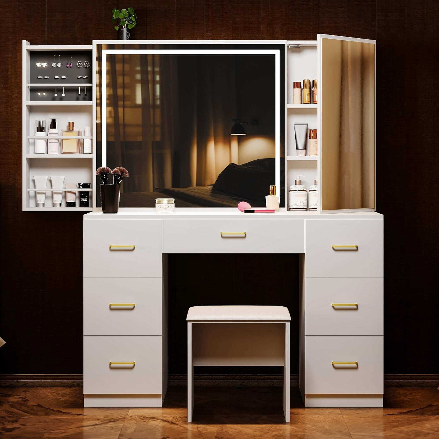 Vanity Desk with Lighted Mirror,Makeup Table with 7 Drawers,Wildhome Brand,Adult Age Group