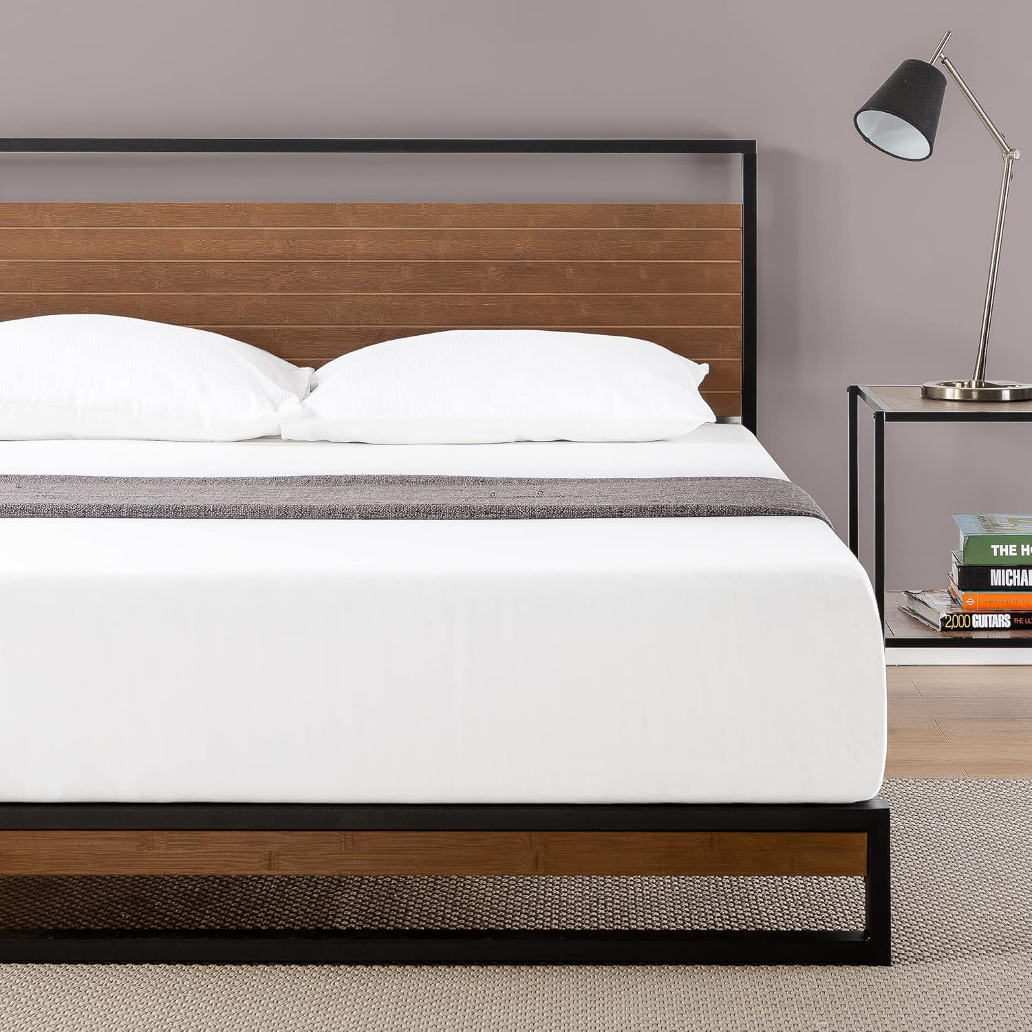 Zinus Suzanne Metal and Wood Platform Bed with Headboard / Box Spring Optional / Wood Slat Support, Full