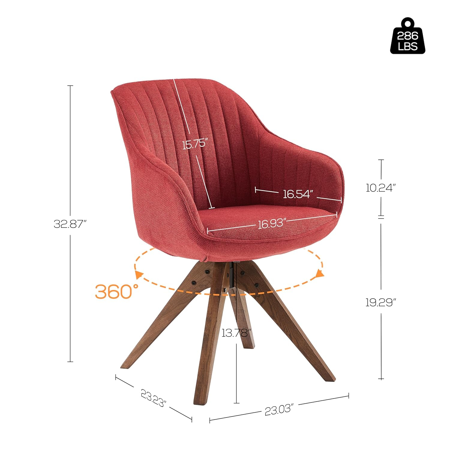 Art Leon Desk Chair No Wheels - Mid Century Modern Office Chair, Swivel Accent Chair with Oak Wood Legs, Fabric Upholstered Arm Chair, Red