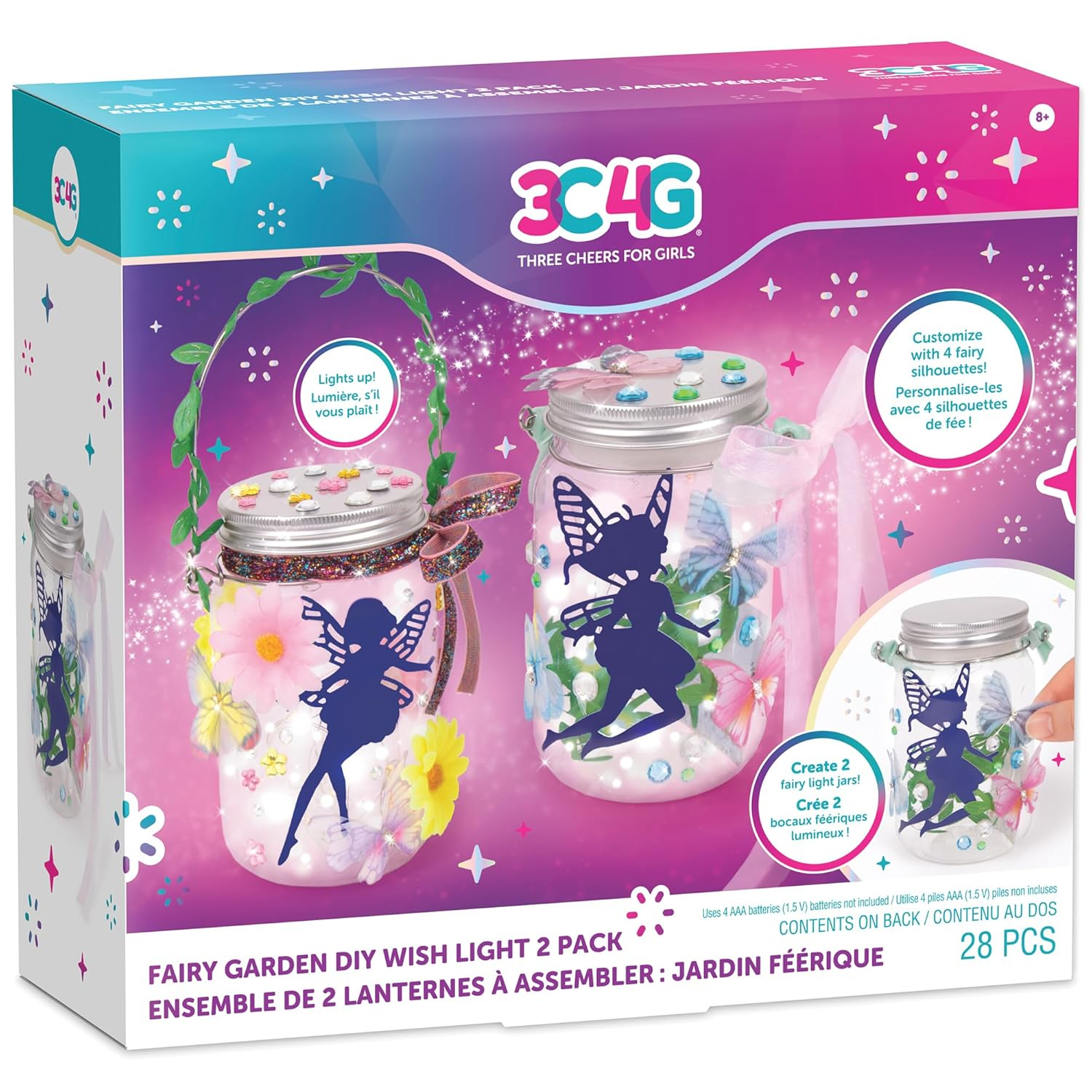 3C4G: Fairy Garden DIY Wish Light - Create 2 Fairy Light Jars, Customize w/ 4 Fairy Silhouettes, Lights Up, Tweens, Girls & Kids Ages 8+, Three Cheers For Girls