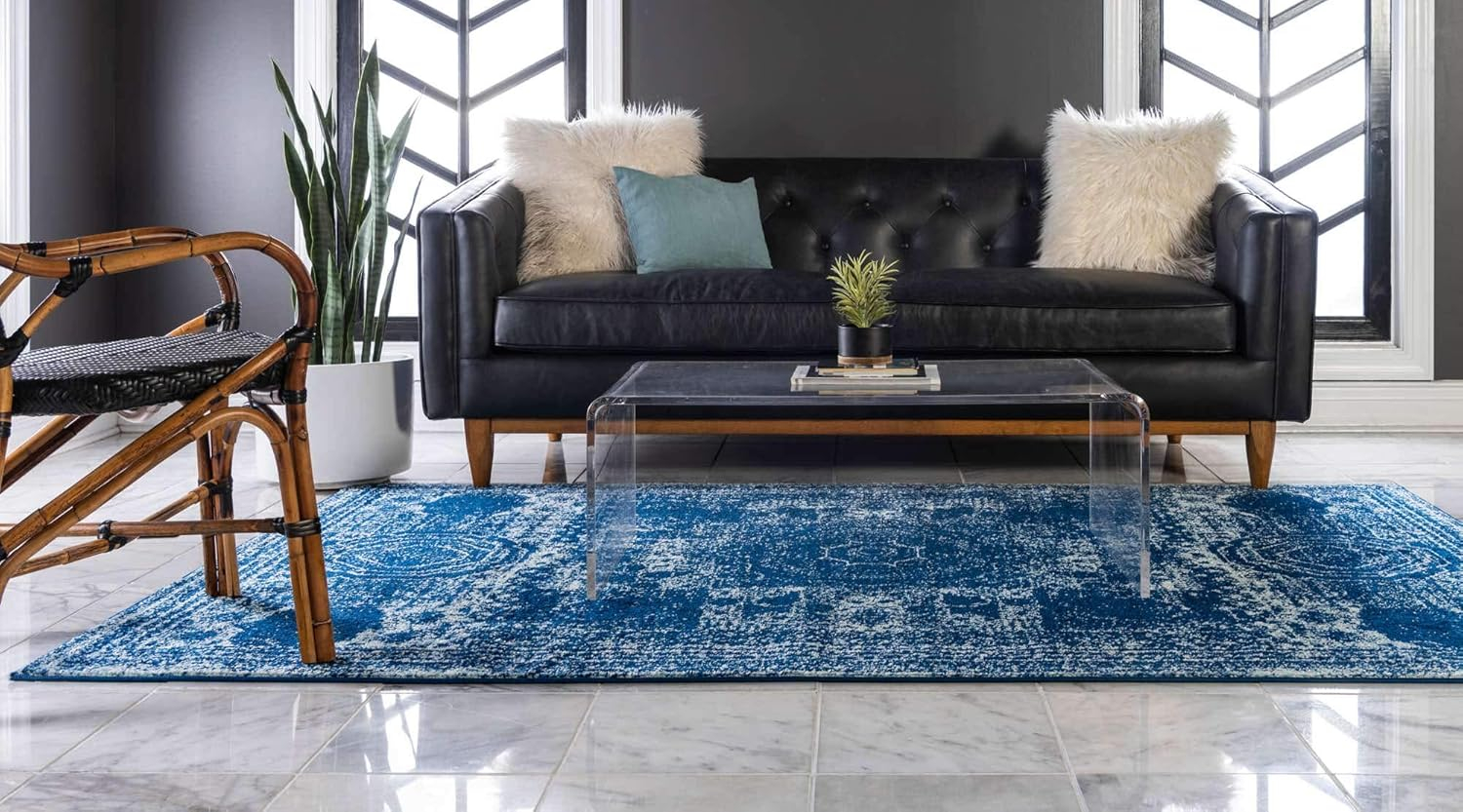Unique Loom Bromley Collection Area Rug - Wells (7' 1" x 10' Rectangle, Navy Blue/ Ivory)