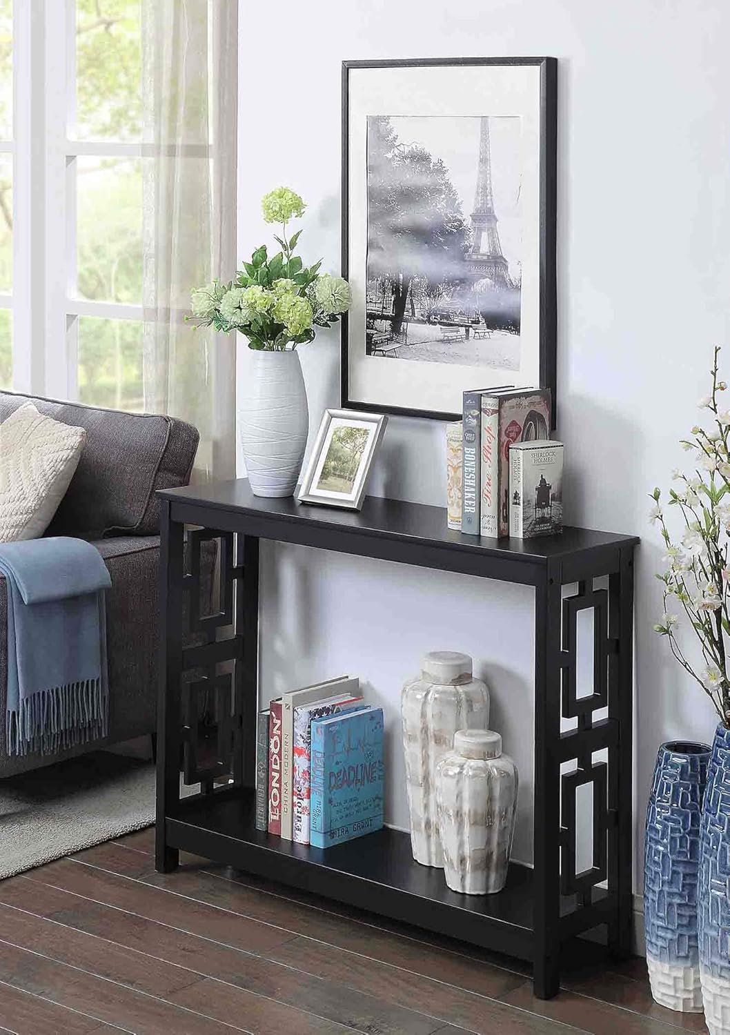 Black Wood Console Table with Storage Shelf