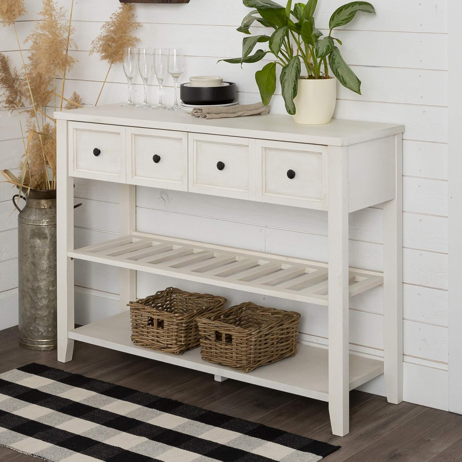 Walker Edison Modern Farmhouse Wood Buffet Sideboard Entryway Serving Storage Cabinet Doors-Dining Room Console, 48 Inch, White