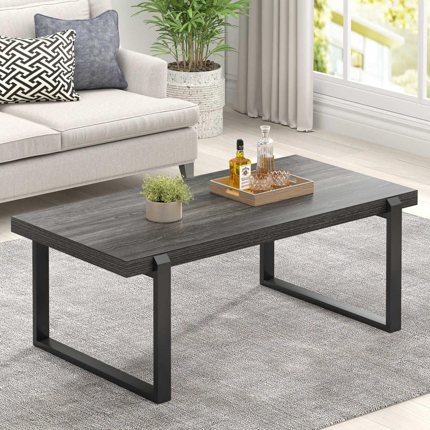 FOLUBAN Coffee Table, Modern Rustic Wood and Metal Center Table with Storage, Industrial Cocktail Tea Table for Living Room, Oak, 47 Inch