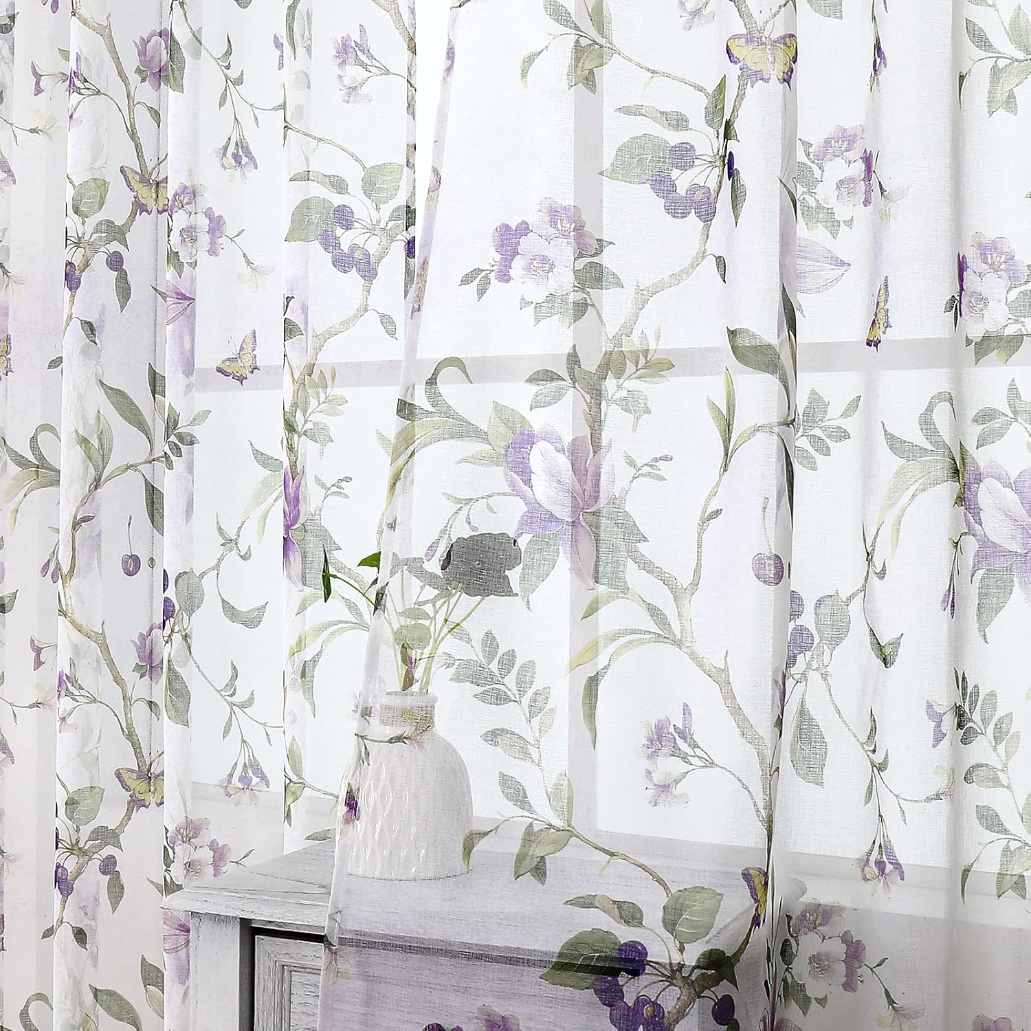 Tollpiz Floral Sheer Curtains Purple Cherry Flower Butterfly Print Living Room Curtain Rod Pocket Voile Linen Look White Sheer Curtains for Bedroom, 54 x 63 inches Long, Set of 2 Panels