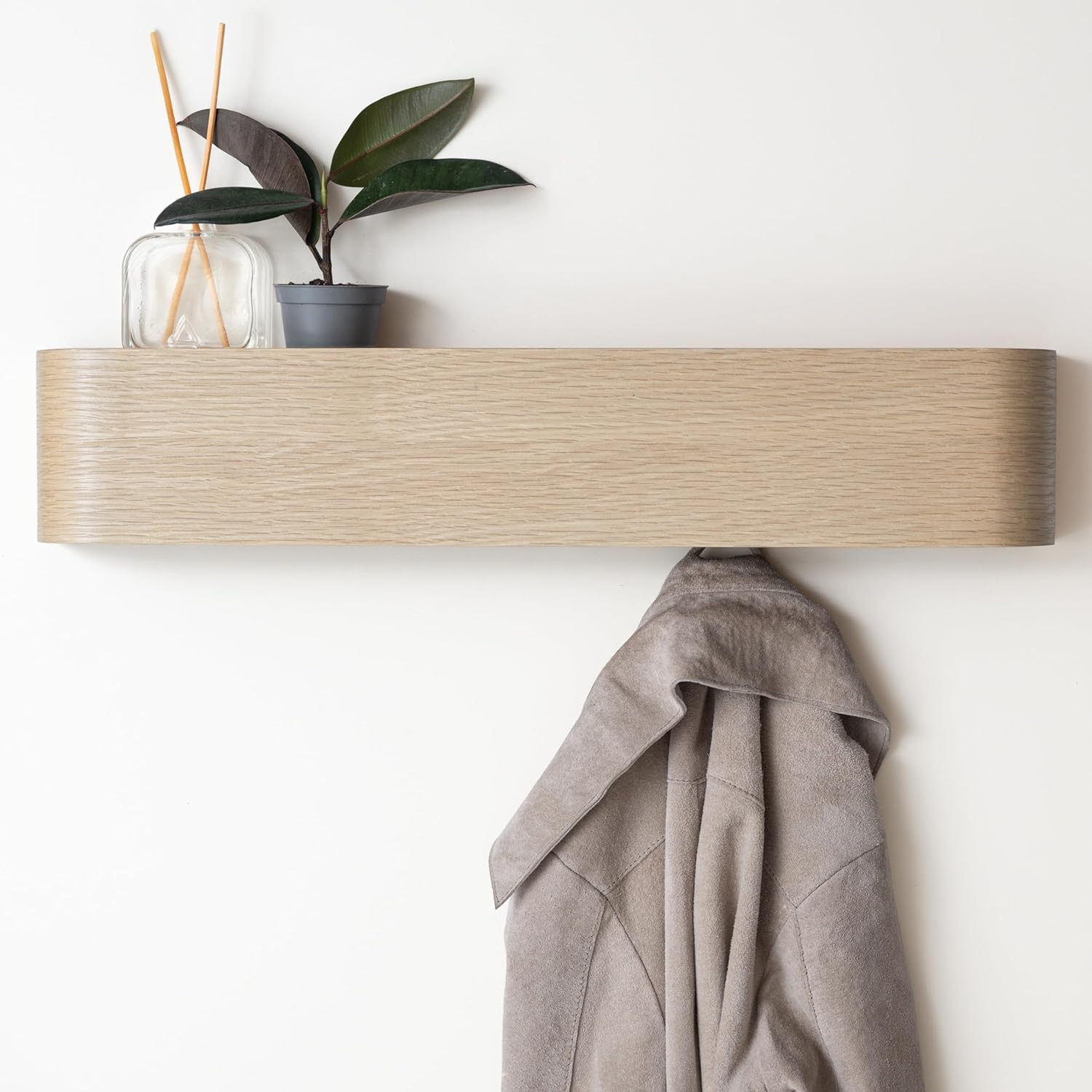 Oak and White Wall-Mounted Coat Rack with Shelf