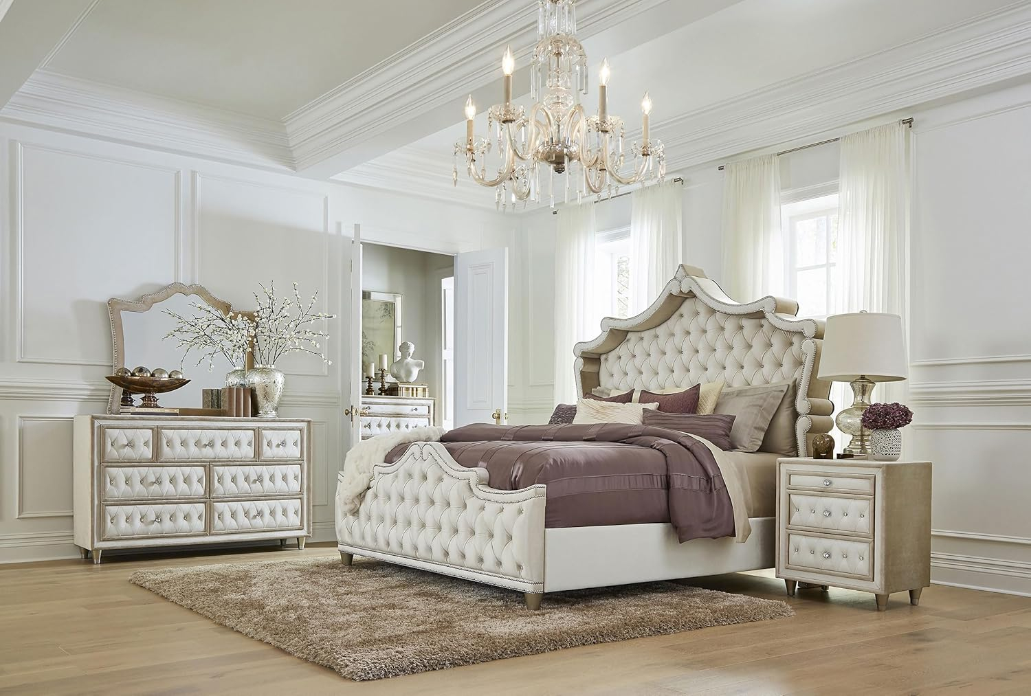 Antonella 5-Piece Eastern King Upholstered Tufted Bedroom Set Ivory and Camel