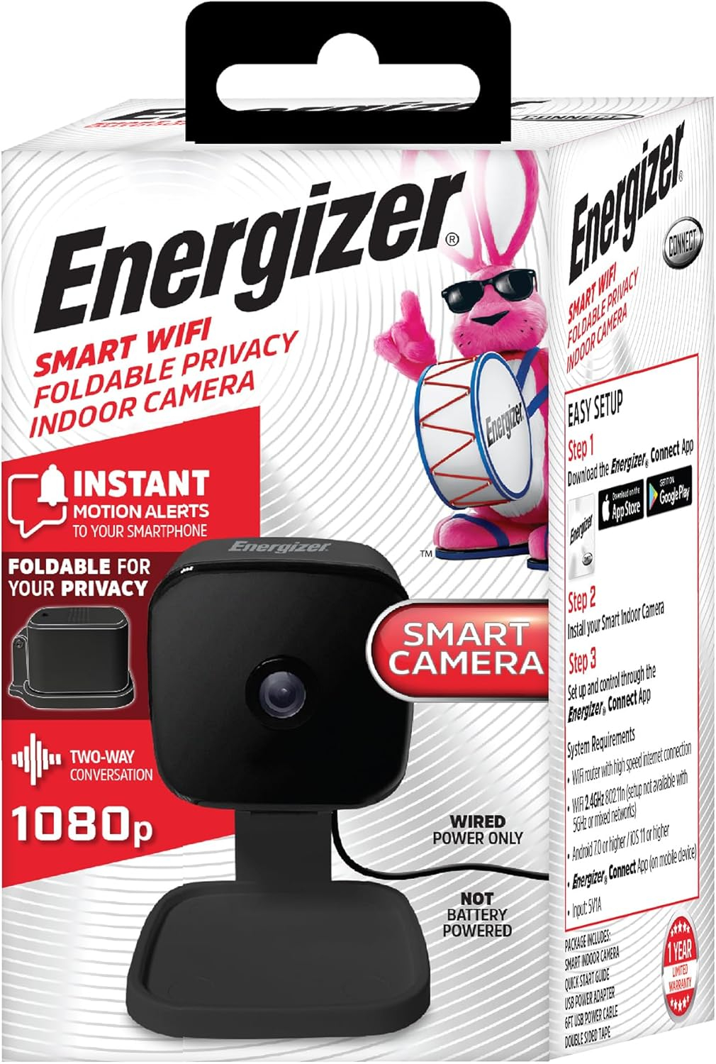 Energizer Connect Foldable 1080P HD Indoor Black Security Camera, Motion Alerts, Corded Electric
