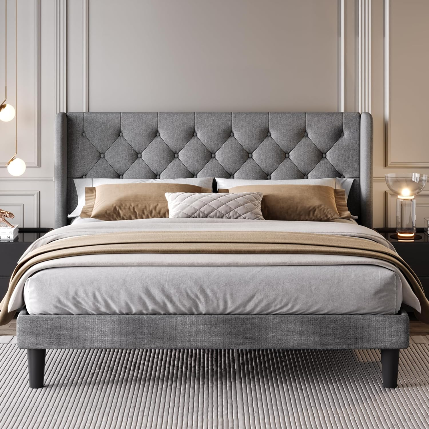 Allewie King Size Upholstered Platform Bed Frame with Fabric Wingback Button Tufted Headboard, Light Grey