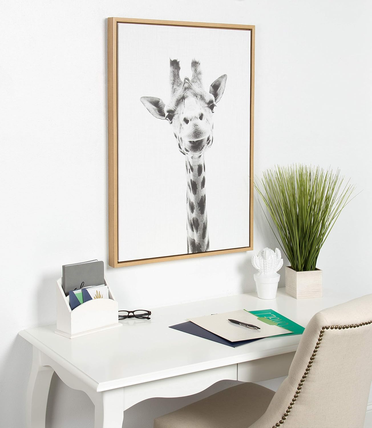 Kate and Laurel Sylvie Giraffe Animal Print Black and White Portrait Framed Canvas Wall Art by Simon Te Tai, 23x33 Natural
