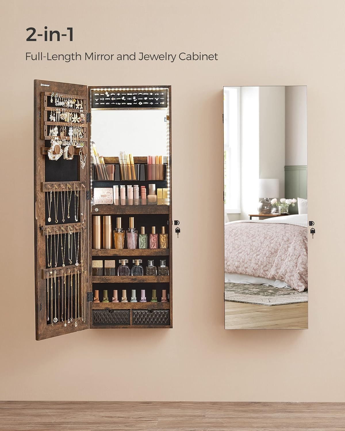 SONGMICS Mirror Jewelry Cabinet Armoire Organizer, Wall or Door Mount Storage Cabinet with Full-Length Frameless Lighted Mirror, Built-in Makeup Mirror, 2 Drawers, Lockable, Rustic Brown UJJC013X01
