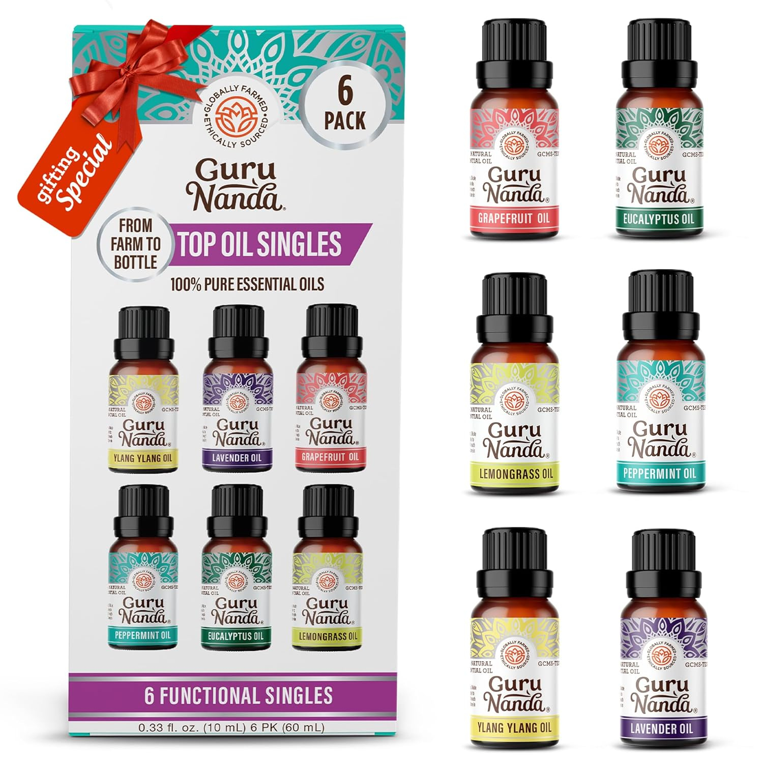GuruNanda 100% Pure Essential Oils - Aromatherapy Singles - Variety of Scents - Set of 6