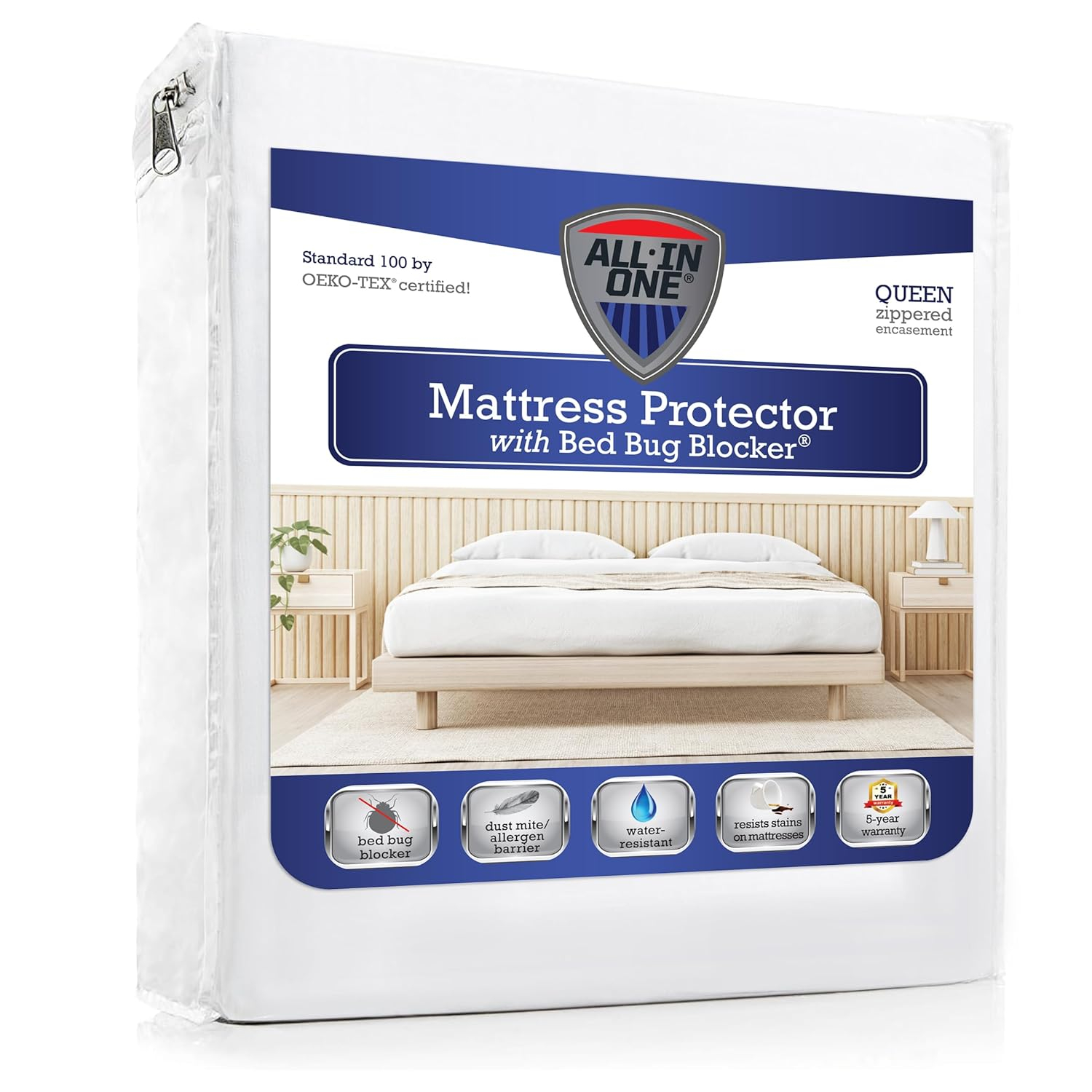 All-in-One Bed Bug Blocker Water Resistant Zippered Mattress Protector, Queen