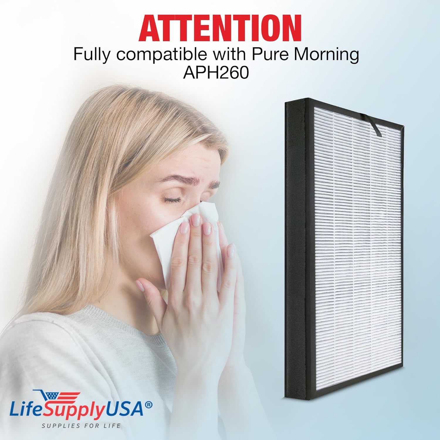 LifeSupplyUSA 3-in-1 True HEPA Air Replacement + Pre + Carbon Filter Compatible with Pure Morning APH260 Air Purifiers (1 Pack)
