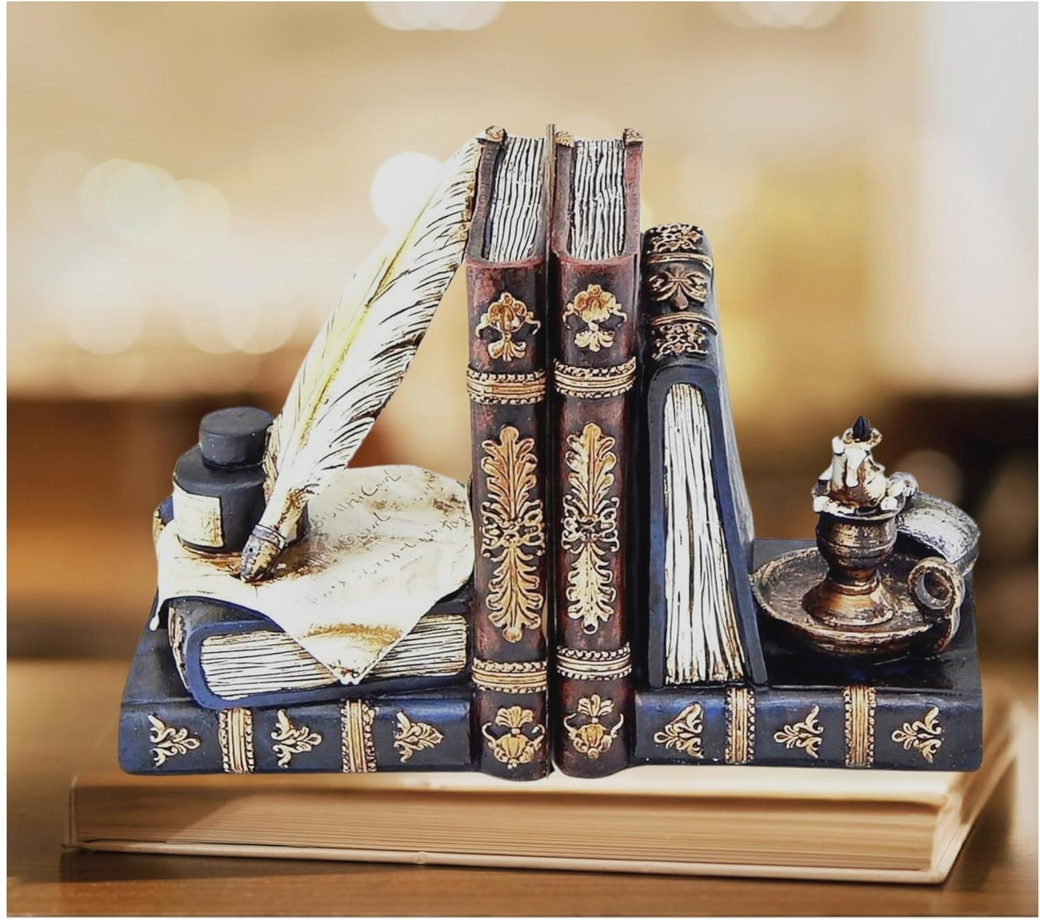 Bellaa 26324 Vintage Bookends Wizard Feather Quill Pen and Ink Bottle with Oil Lamp Antique Style Farmhouse Cottage Lodge Magic Home Decor