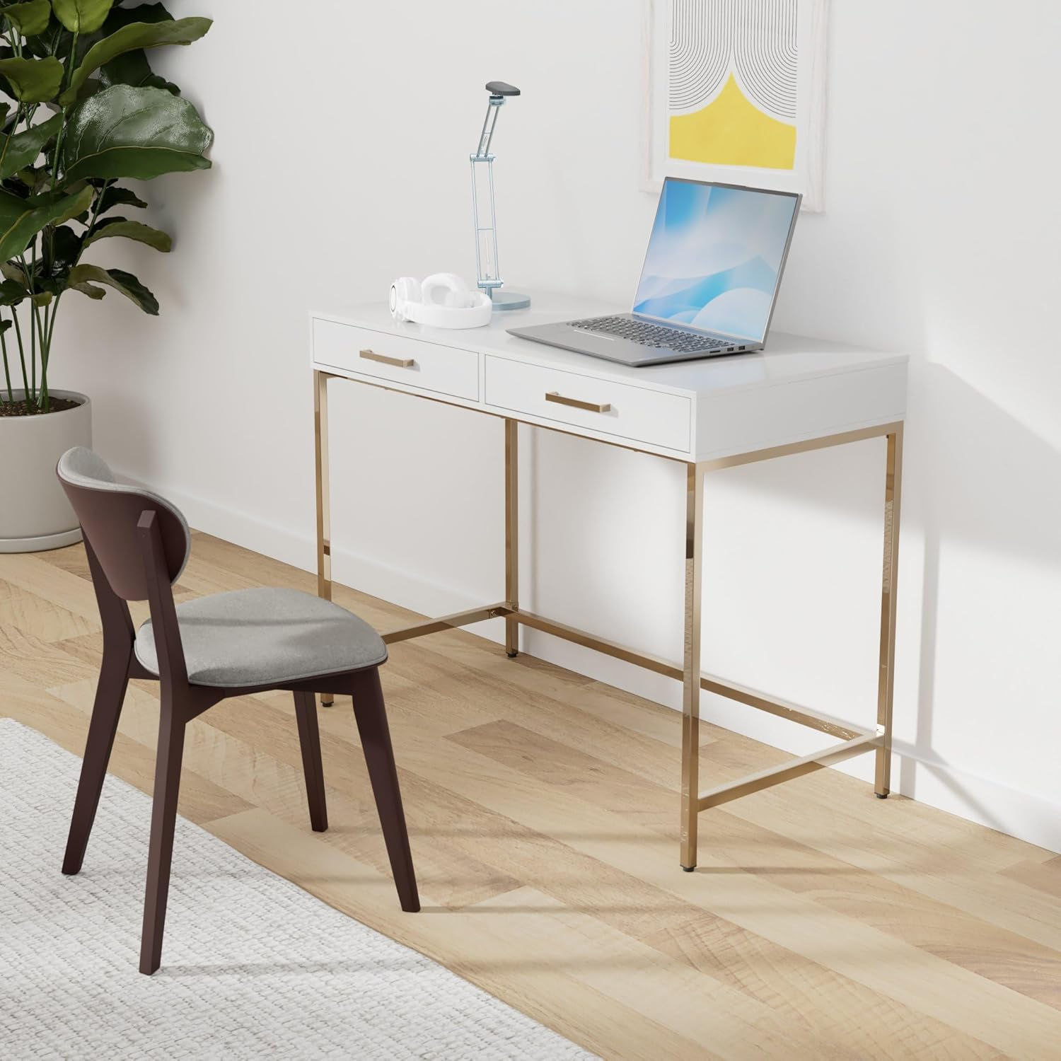 Alios Desk with Black Gloss Finish and Rose Gold Metal Frame