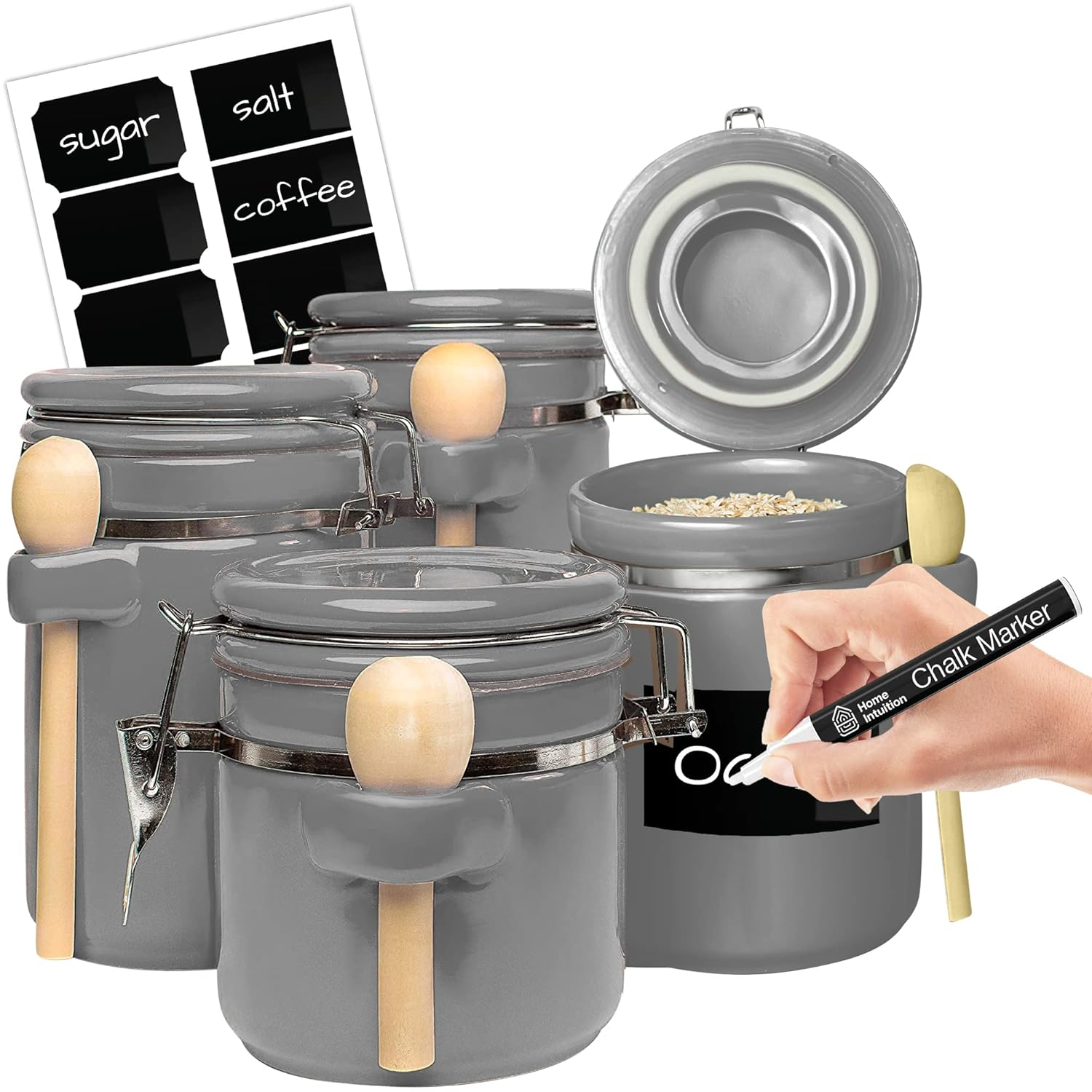 Home Intuition 4-Piece Ceramic Kitchen Canisters Set, Airtight Containers with Wooden Spoons Reusable Chalk Labels and Marker for Sugar, Coffee, Flour, Tea (Light Blue)