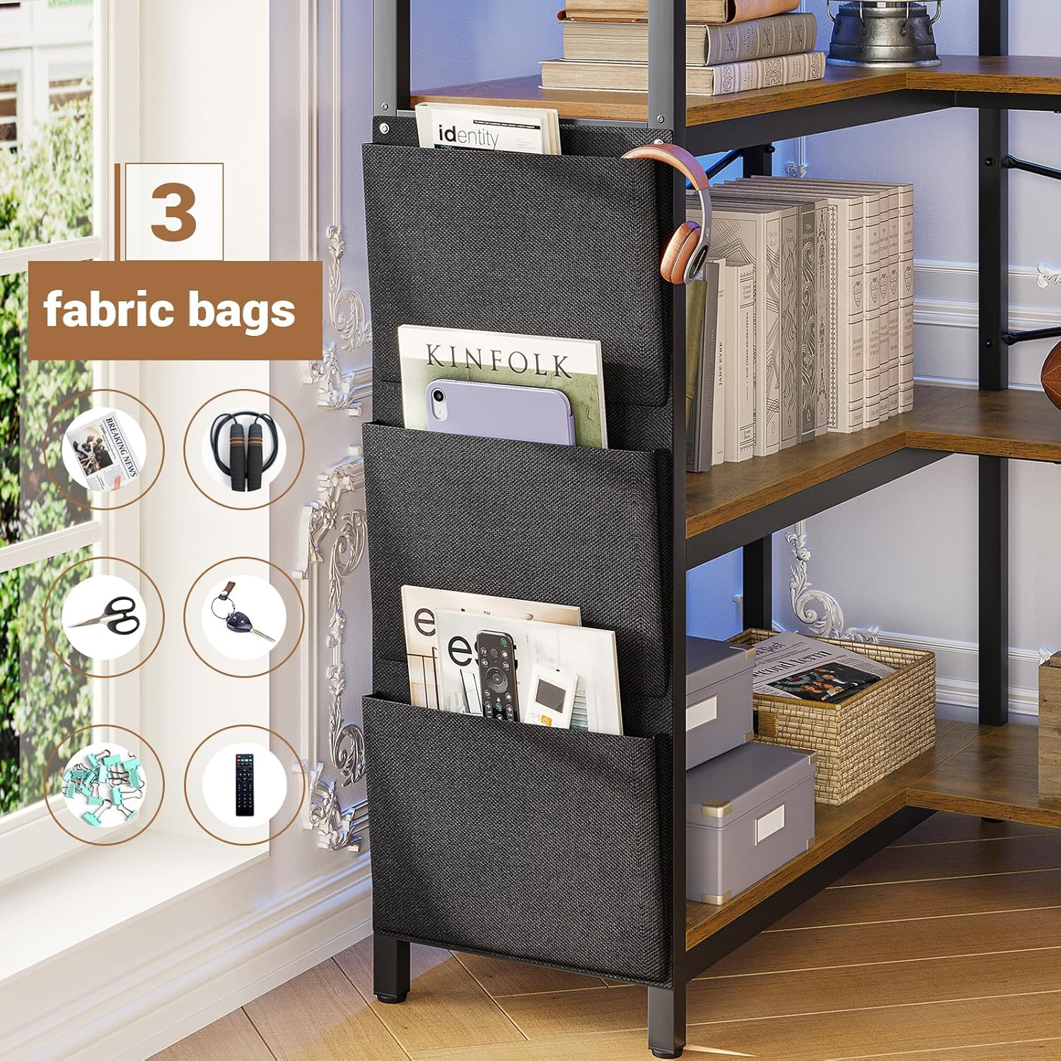 5-Tier Book Shelf with LED Light, 63" Reversible Storage Shelves, Corner Bookshelf with Storage Bag and Pegboard, Black