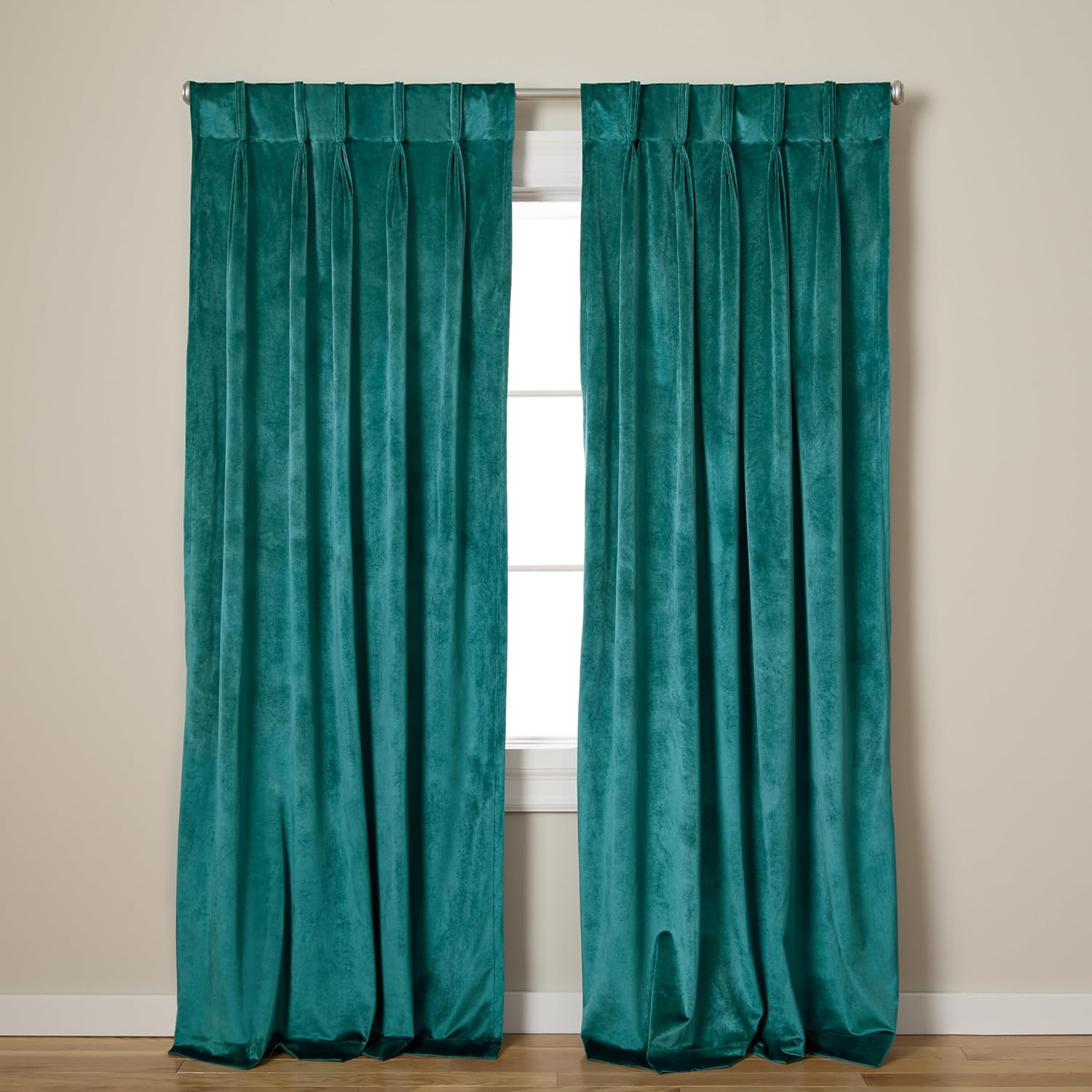 TOWN & COUNTRY LUXE Velour Solid Heavyweight Indoor Curtains, Light Filtering Opacity, Triple Pinch Pleat Top, Plush Velvet, 2-Pack Set, 27"x84", Teal