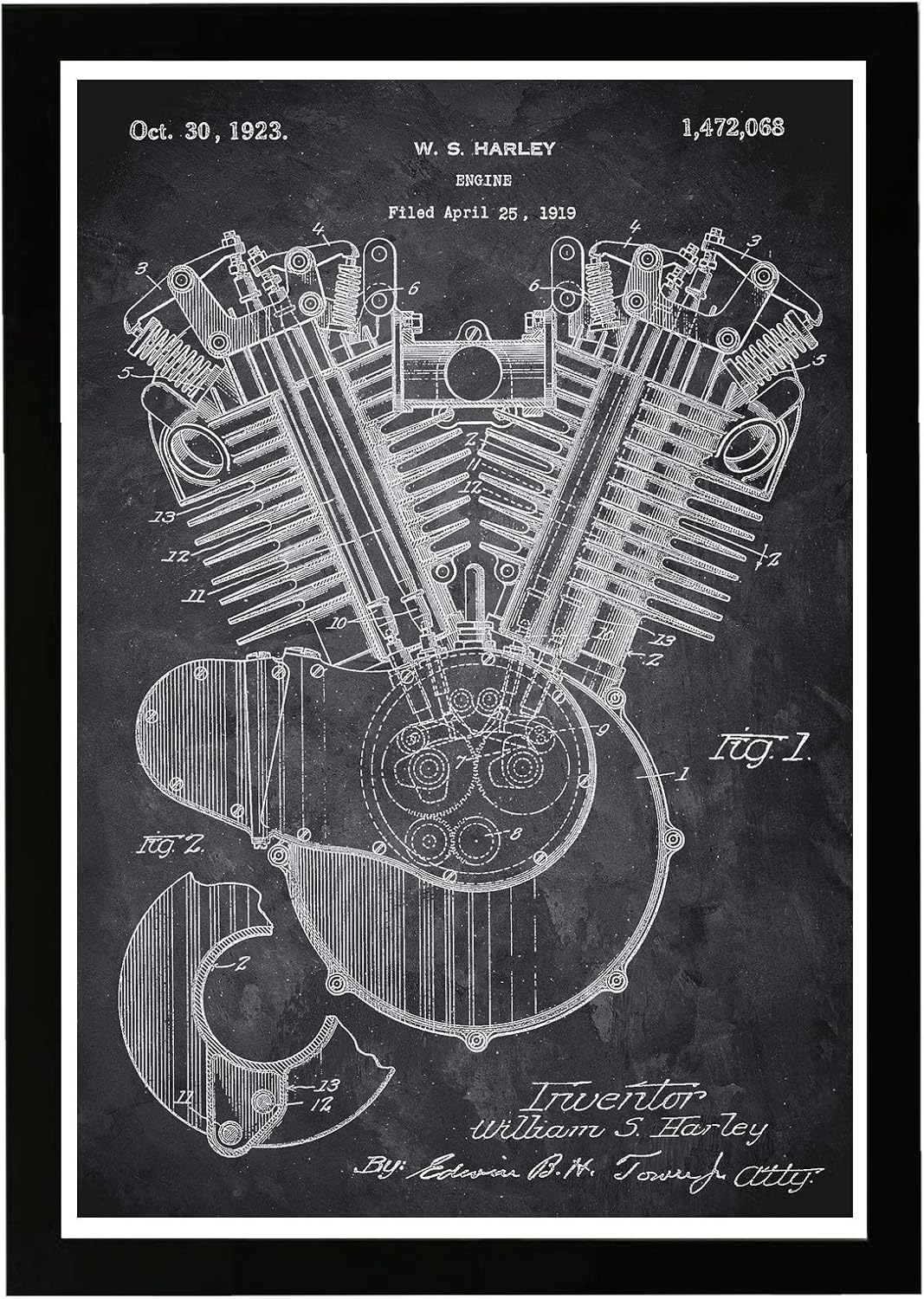 Wynwood Studio Transportation Framed Wall Art Prints 'Harley Engine 1923 Chalkboard' Motorcycles Home Décor - Black, White, 13" x 19"