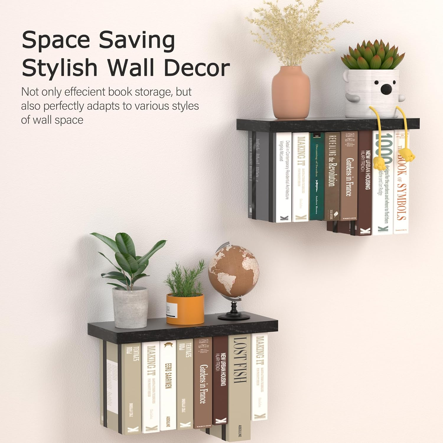 Floating Book Shelves for Wall Mounted Set of 2, Wood Hanging Bookshelf, Book Display Shelf for Wall, Unique Space Saving Book Shelf Wall Book Holder(Black)