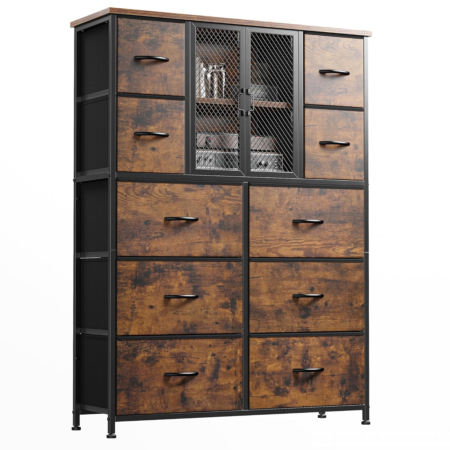 ASDRFYU Dresser Tall Dressers for Bedroom with Mesh Door Dressers & Chests of Drawers with 10 Fabric Drawer Dresser Organizer Metal Frame Wood Top for Closet Entryway Black 38" Wx