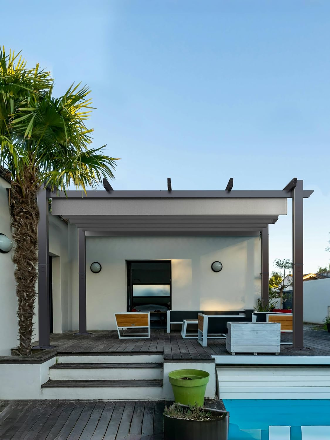 Gray Aluminum Pergola with Retractable Canopy for Outdoor Use