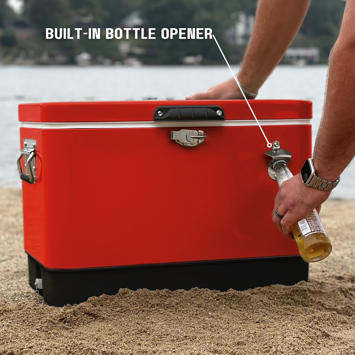 FSE Retro Metal Cooler, 80 Can/54 Qt. Capacity, Hard-Sided, Two Tone, Holds Up to 80 Beverage Cans, Metal Construction with Plastic Lining