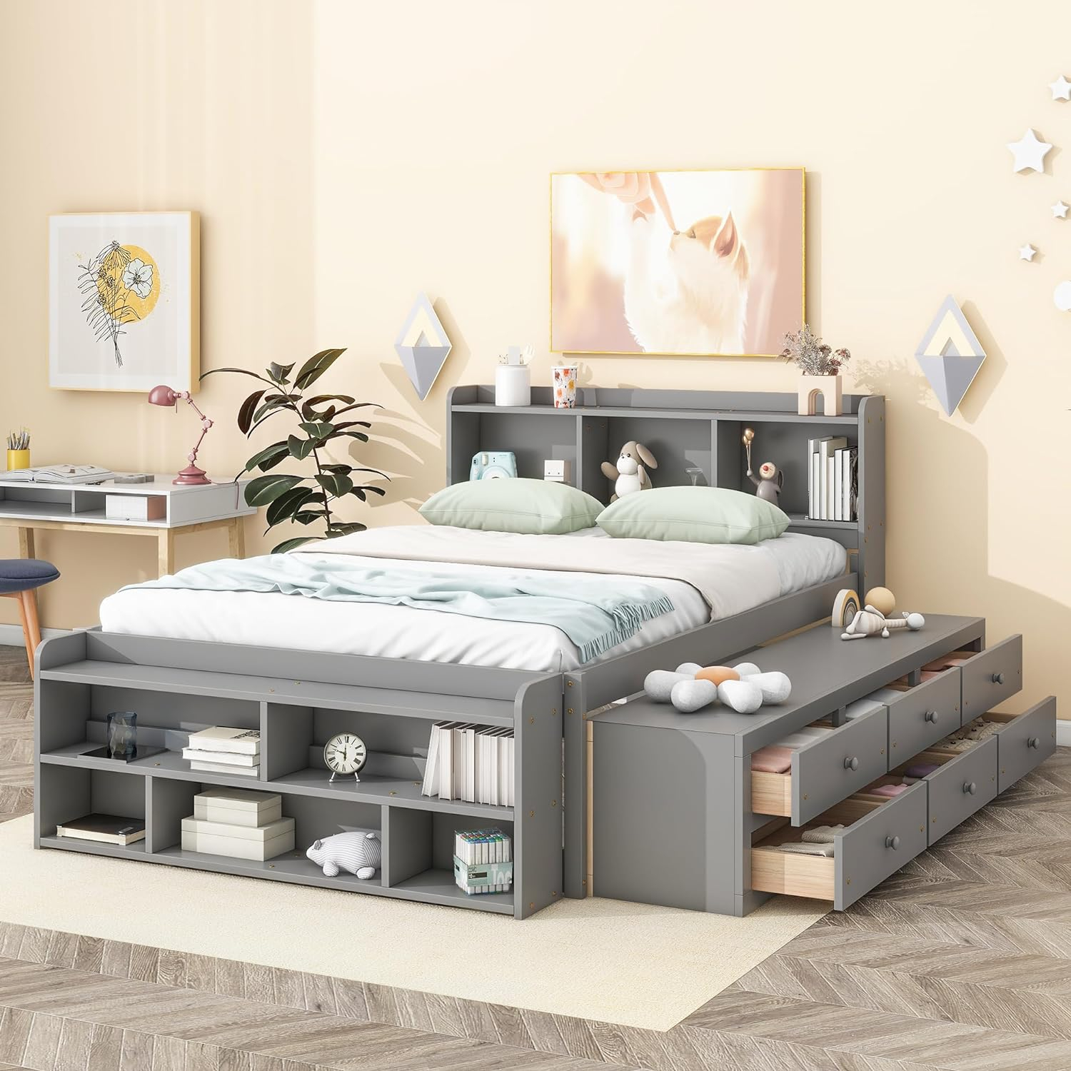 SOFTSEA Full Size Platform Bed with Drawers and Bed End Case, Wood Bed Frame with Storage Headboard, Platform Bed with Storage for Bedroom, No Box Spring Needed, Gray