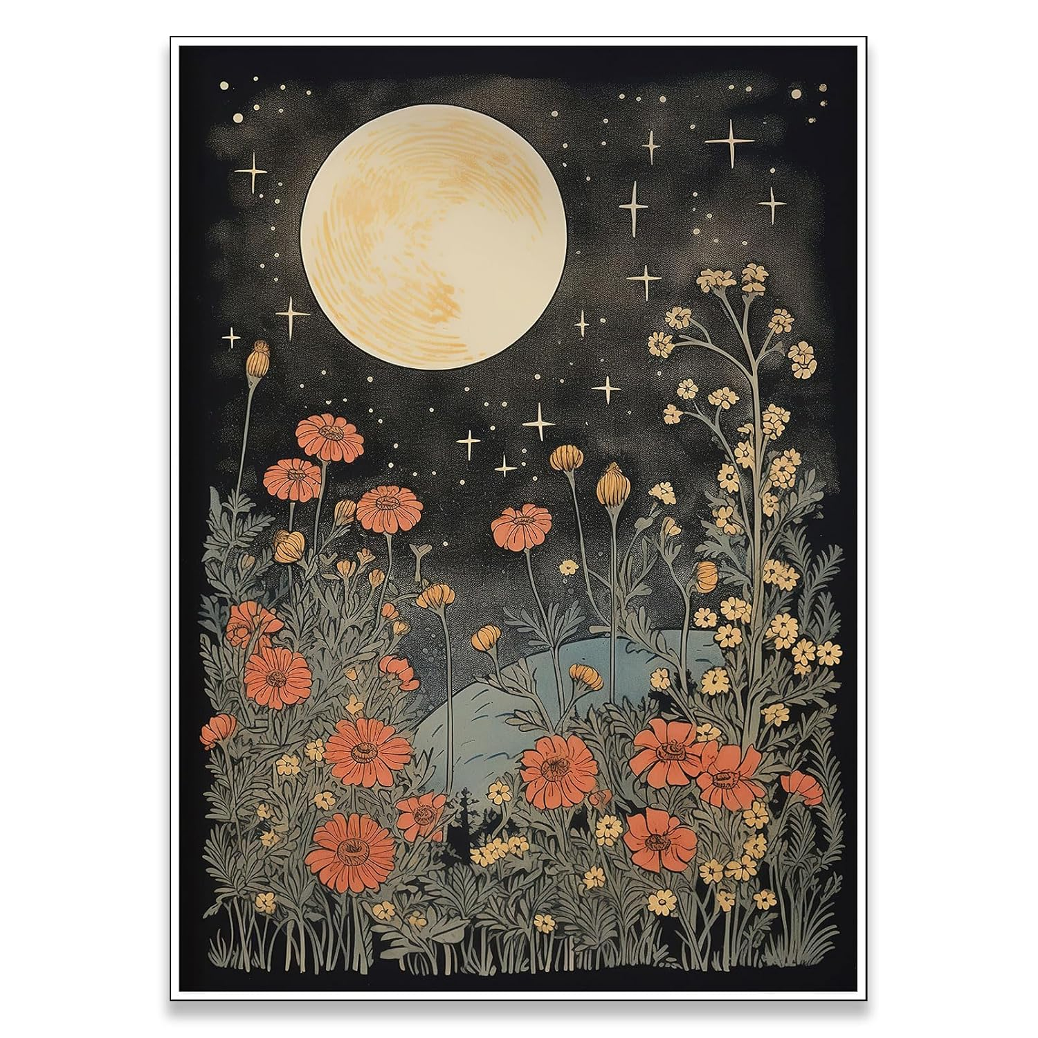 Celestial Star Canvas Wall Art，Vintage Poster，Dark Aesthetic Moon Stars and Flowers Decor, Prints Goth Room Picture Witchy Gothic Wall Decor for Living Room Bedroom 12 x 16 in Unframed