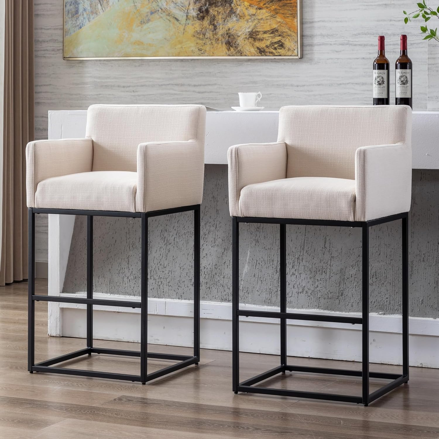Counter Height 30.75" Bar Stools Set of 2 Linen Fabric Upholstered Barstools with Backrest and Arms, Metal Bar Chairs Kitchen Stools for Island,Home Bar, Cream, Black Legs