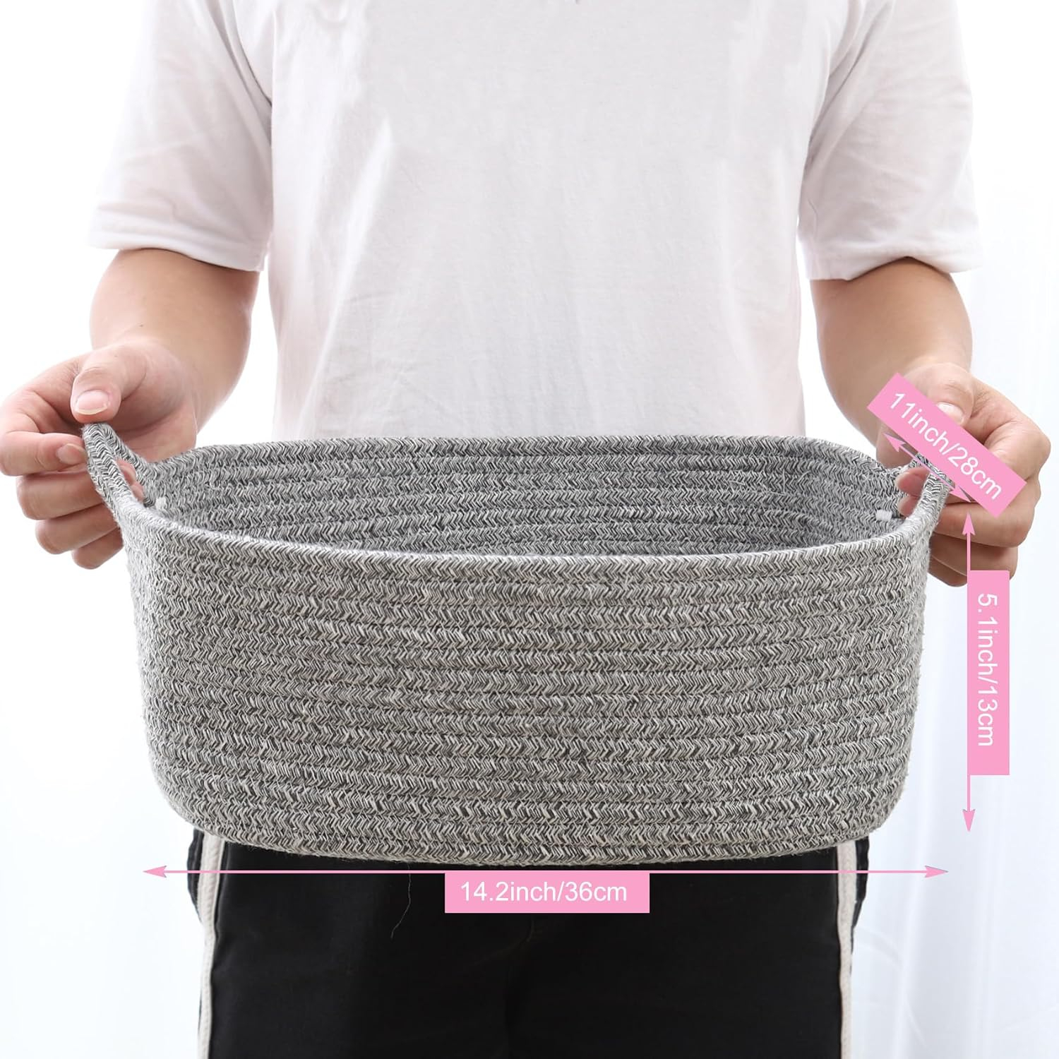 ABenkle Rope Storage Basket, 14.2''x 11''x 5.1'' Cotton Woven Dog Cat Toy Bins, Cube Soft Baskets with Handles, Decorative Shelves Closet Organizing for Nursery Laundry Bedroom Bathroom