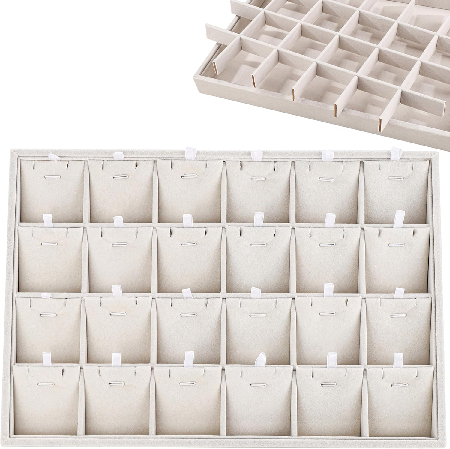Elegant Beige Linen 24-Compartment Jewelry Tray Organizer