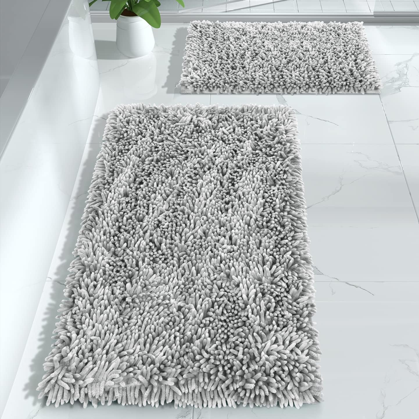 Yimobra Bathroom Rugs Sets 2 Piece, Luxury Shaggy Extra Thick Bathroom Rugs, Plush Non-Slip Mats for Bath Room Floor, U-Shaped Toilet Mat, Ultra Absorbent, 24 x 17 + 24.4 x 20.4 Inches, Light Grey