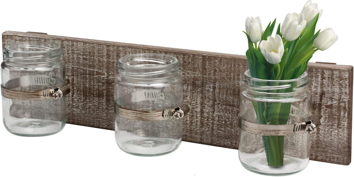 Worn Wood Wall Decor with 3 Glass Containers