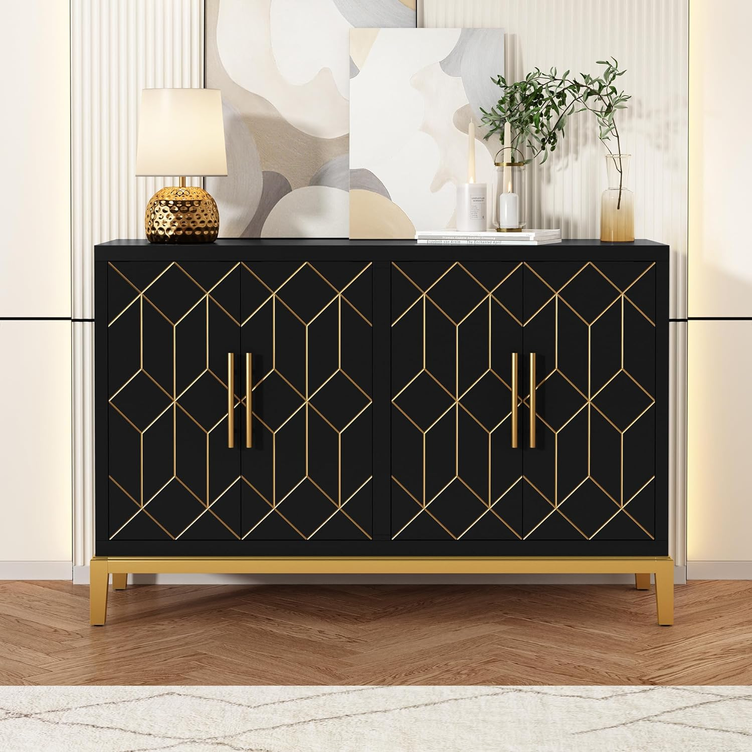 HLR Black Accent Cabinet with Gold Trim, Storage Cabinet with 4 Doors, Modern Wooden Sideboard