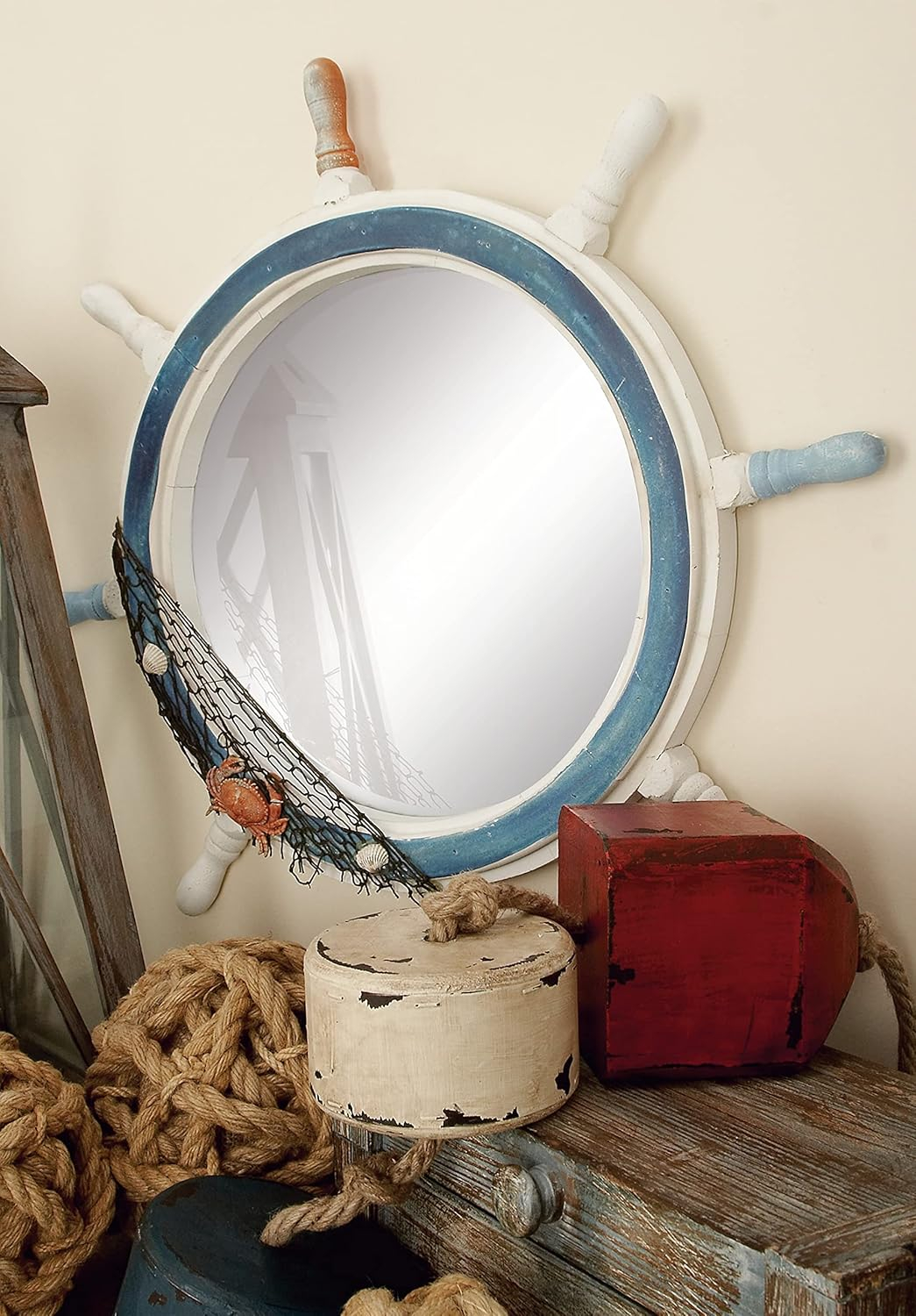 DecMode 25" x 25" White Ship Wheel Sail Boat Wall Mirror with Netting Accent