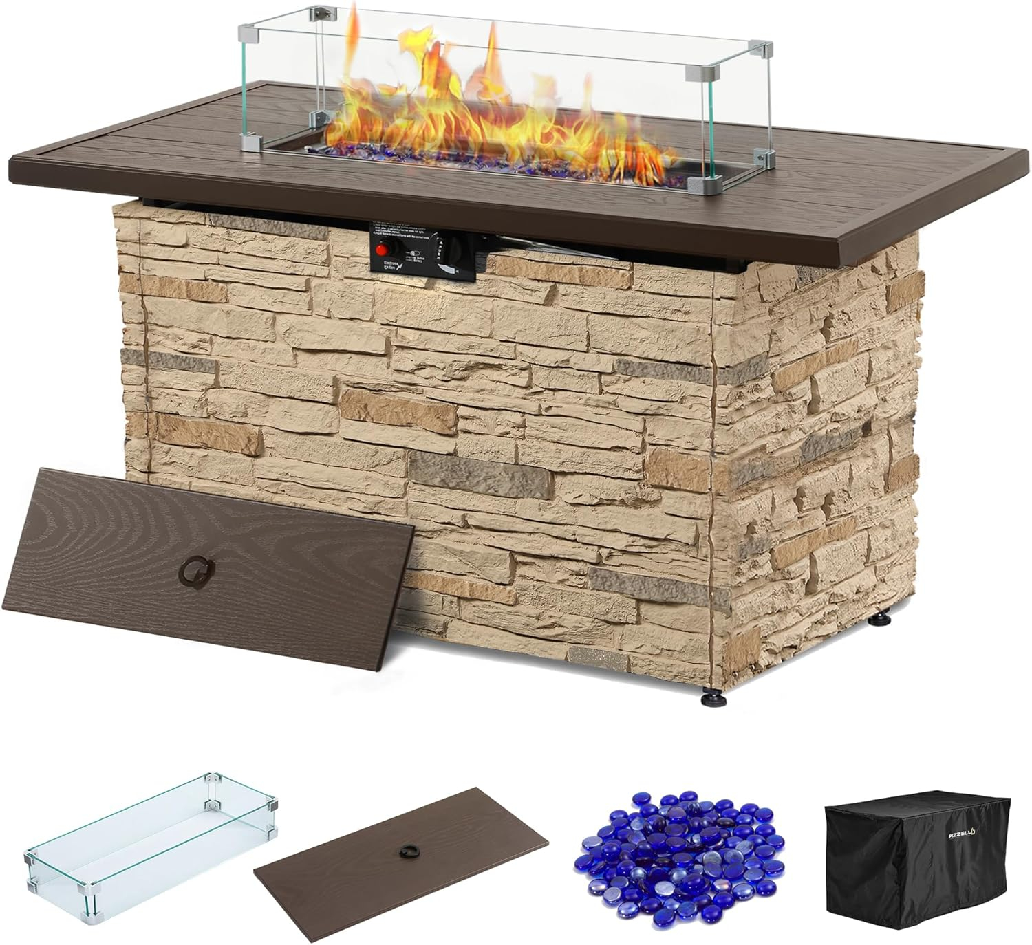 43" Propane Fire Pit Table Outdoor Stone Firepit Table Rectangular 50000 BTU Propane Fire Tables for Outside Patio with Wind Guard, Table Lid, Fire Beads, Cover,Pizzello Caldo (Buff)