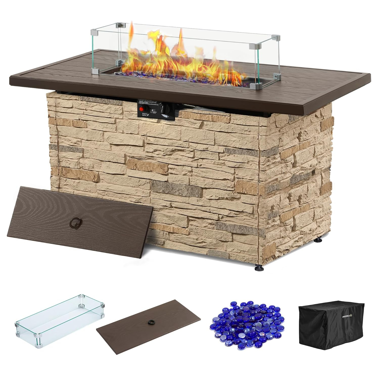 43" Propane Fire Pit Table Outdoor Stone Firepit Table Rectangular 50000 BTU Propane Fire Tables for Outside Patio with Wind Guard, Table Lid, Fire Beads, Cover,Pizzello Caldo (Buff)