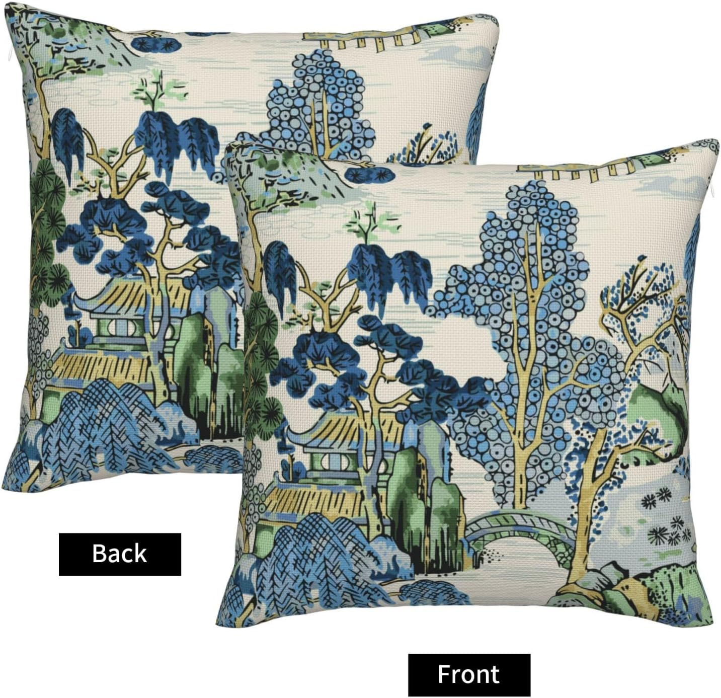 Chinoiserie Pillow Covers 20 x 20 Set of 2 Asian Scenic Linen Throw Pillow Cover Vintage Blue and Green Farmhouse Decorative Pillowcases for Living Room Couch Bed Sofa Outdoor