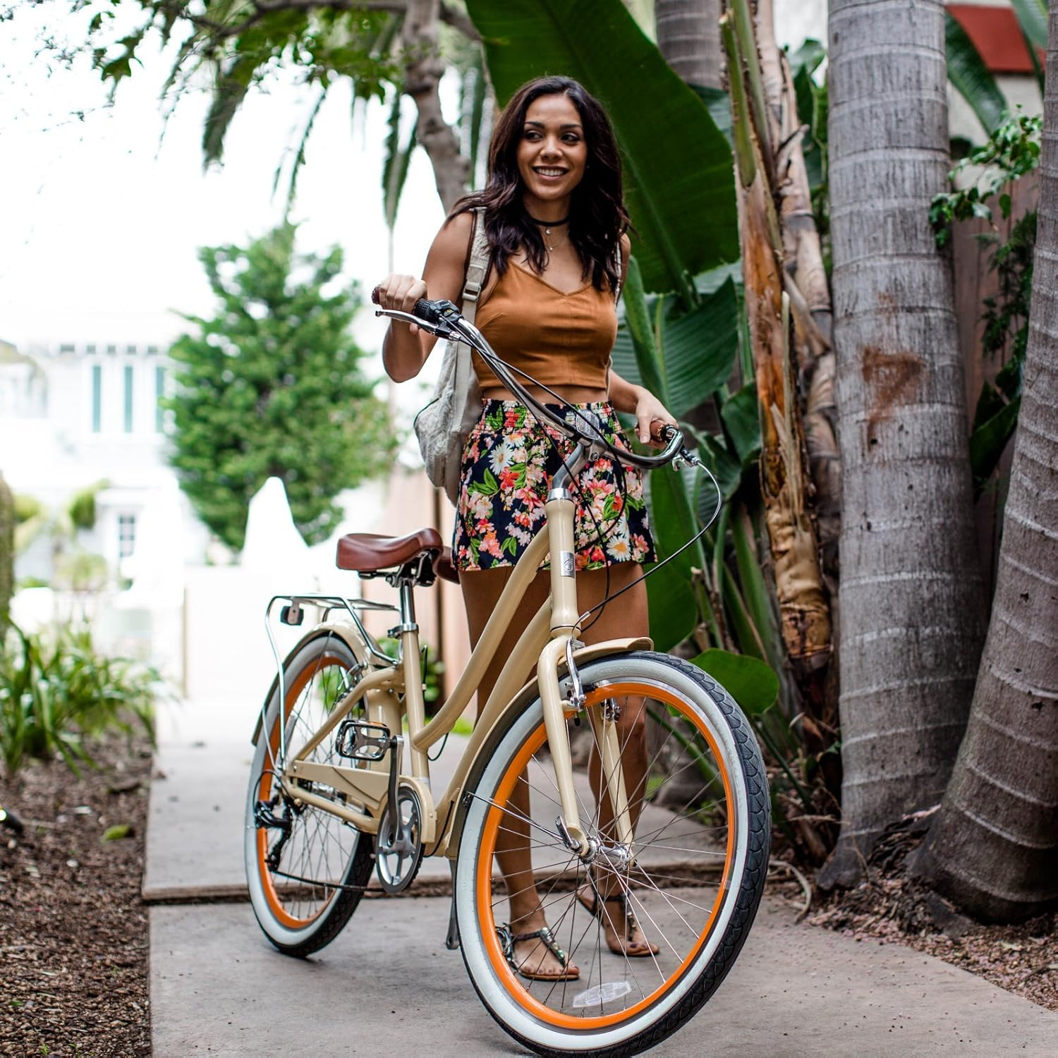 sixthreezero Everyone Steel Women's Hybrid Bike with Rear Rack, 7-Speed, 26 In. Wheels, Teal with Brown Seat and Grips