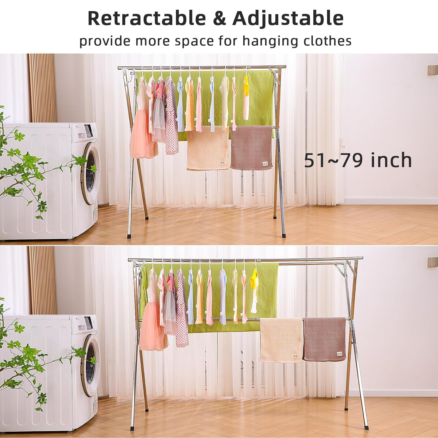funest Drying Rack Clothing, 79 Inches Adjustble & Foldable Laundry Drying Rack, Heavy Duty Stainless Steel Clothes Drying Rack with 20 Hooks, 12 Clips, Suitable for Indoor, Outdoor and Balcony
