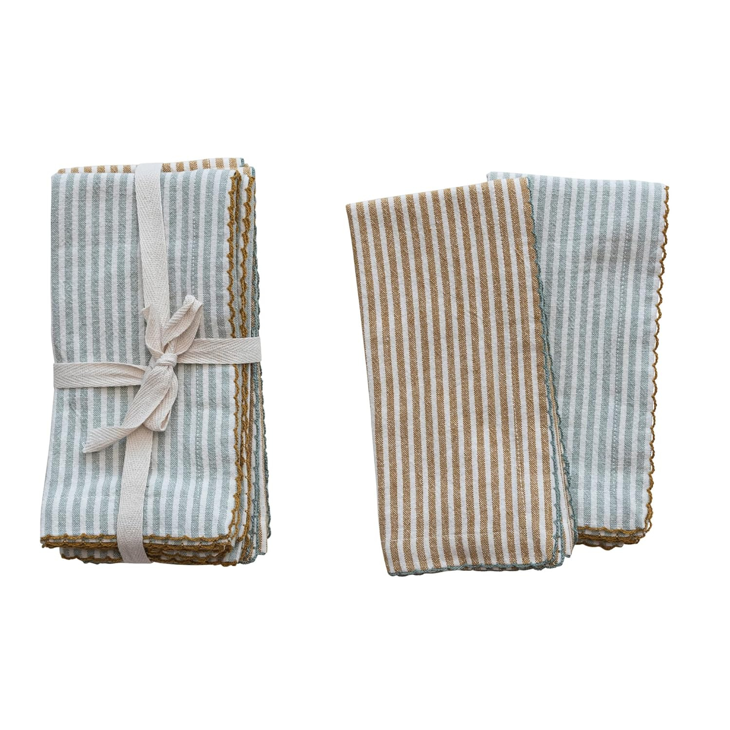 Creative Co-Op Square Cotton Napkins with Scalloped Edge and Stripes, Set of 4, 2 Colors