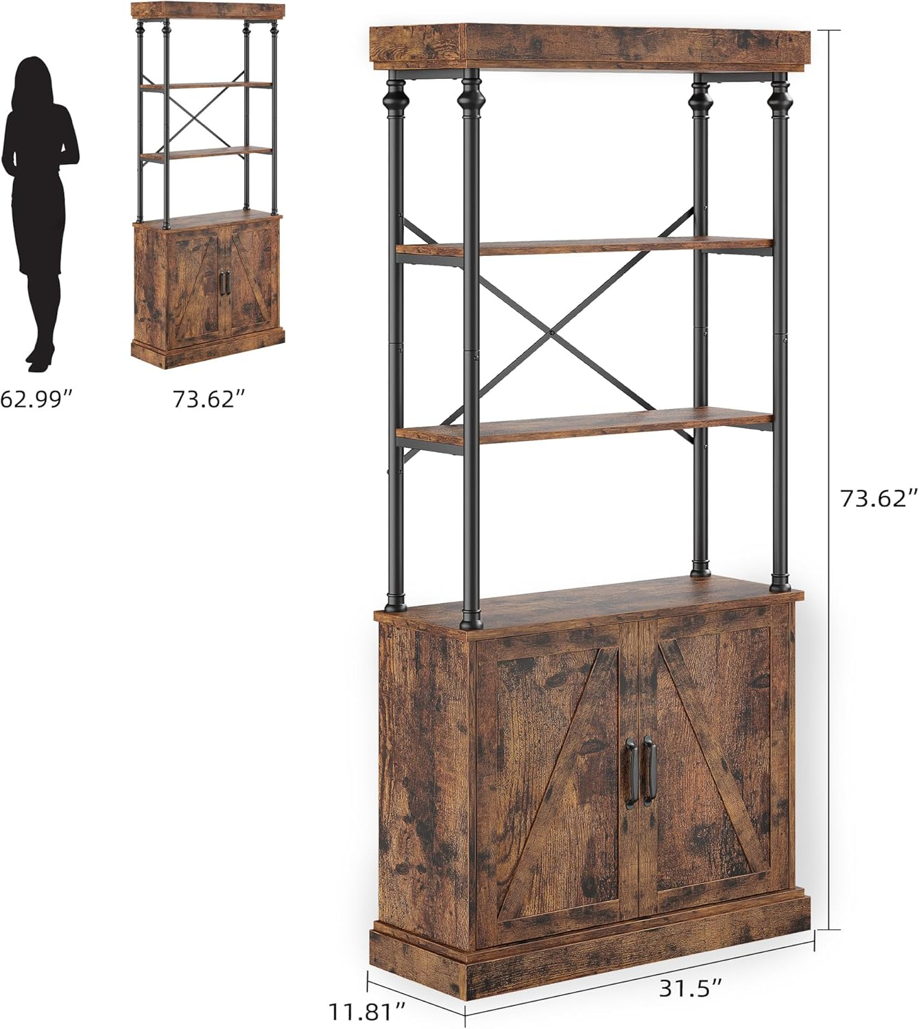 IDEALHOUSE Tall Bookshelf with Doors 73.62in Industrial Storage Open Rack Shelf with Cabinet Wood and Metal Bookcase Farmhouse Bookshelves Large Vintage Display Rack Home Office