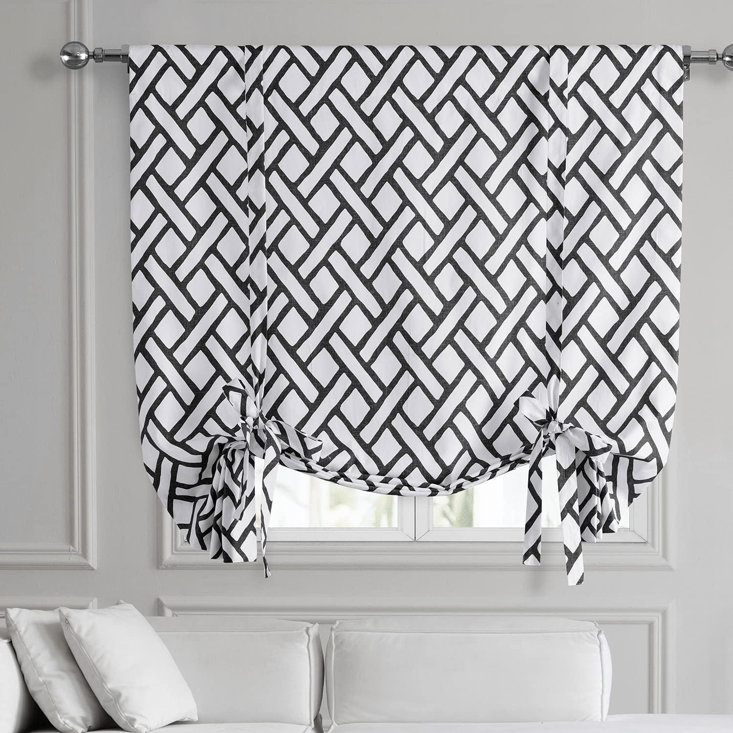 HPD Half Price Drapes Printed Cotton Room Darkening Tie Up Curtains for Windows - 46 x 63 Roll Up Balloon Curtain for Living Room, Kitchen (1 Panel), PRCT-TUD215C-63, Garden Path Black